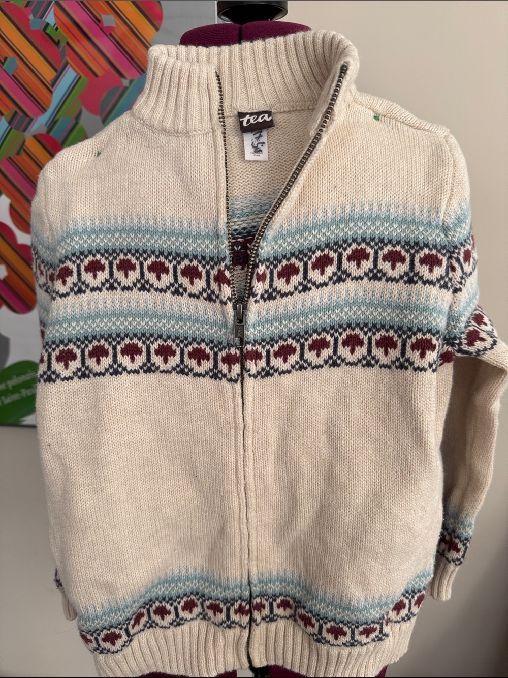Cream Zip-Up Fair Isle Sweater with Blue & Burgundy Accents